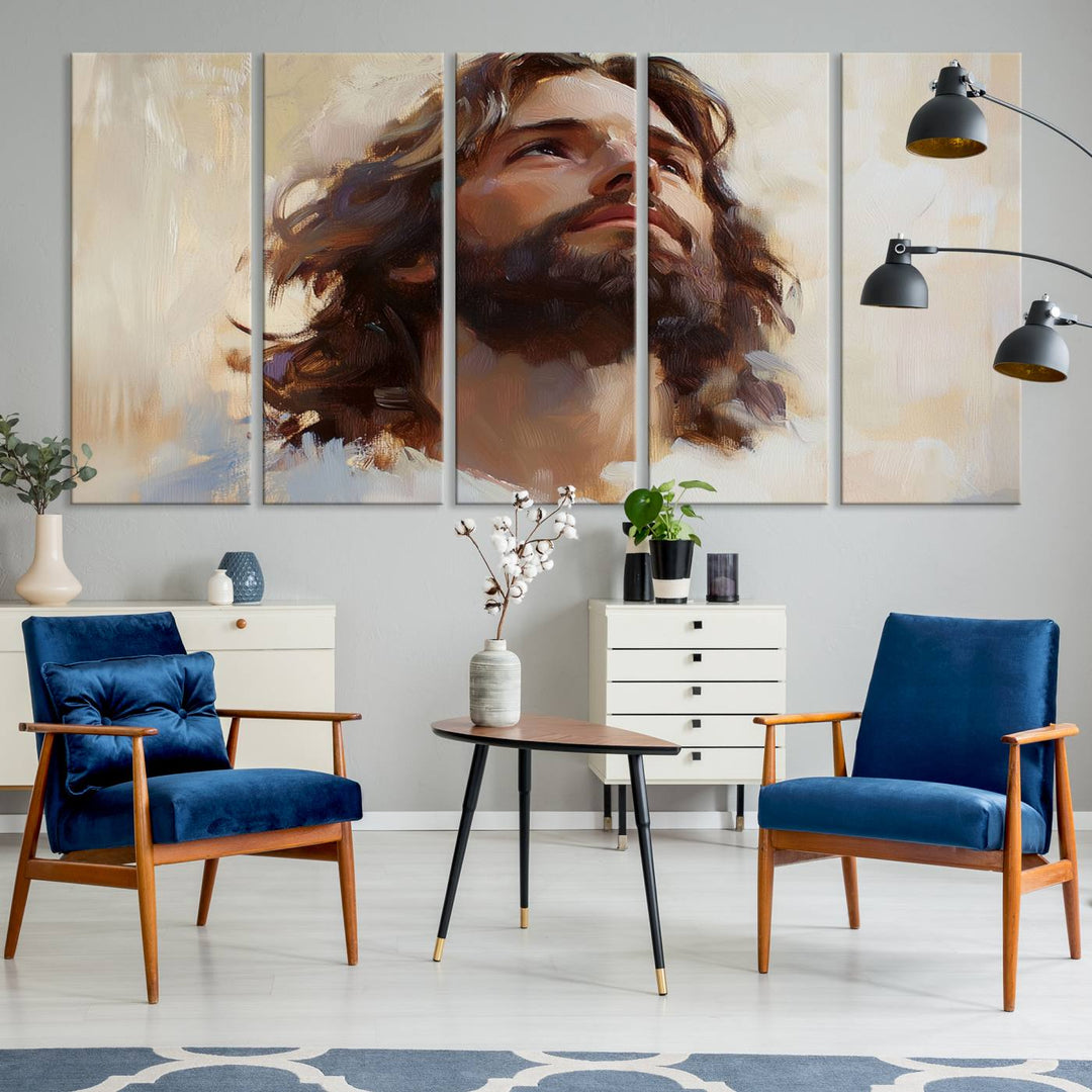 The "Jesus Christ Portrait Wall Art," a ready-to-hang and framed canvas print, features a bearded man with long hair looking upward, creating an inspirational spiritual atmosphere.