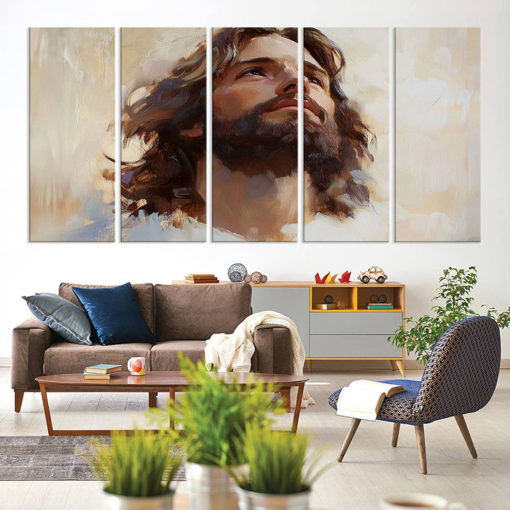 The "Jesus Christ Portrait Wall Art," a ready-to-hang and framed canvas print, features a bearded man with long hair looking upward, creating an inspirational spiritual atmosphere.