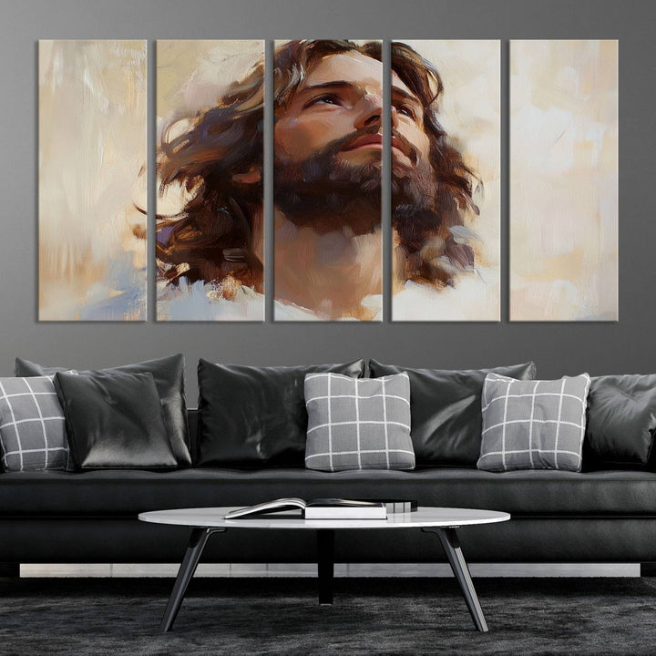 The "Jesus Christ Portrait Wall Art," a ready-to-hang and framed canvas print, features a bearded man with long hair looking upward, creating an inspirational spiritual atmosphere.