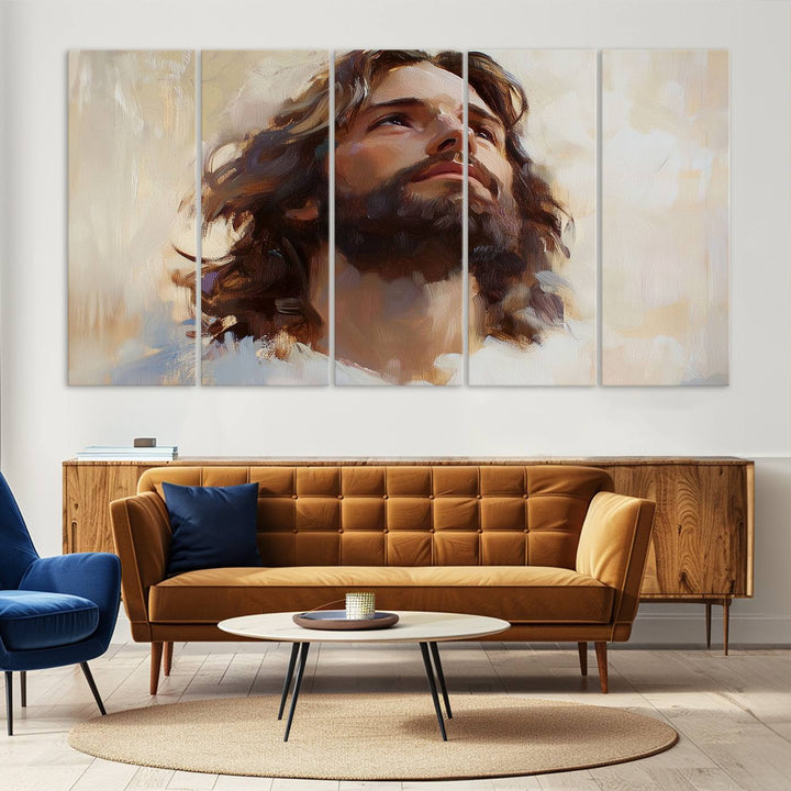 The "Jesus Christ Portrait Wall Art," a ready-to-hang and framed canvas print, features a bearded man with long hair looking upward, creating an inspirational spiritual atmosphere.