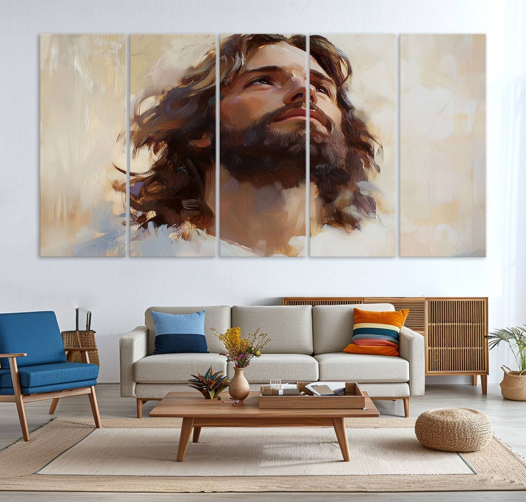 The "Jesus Christ Portrait Wall Art," a ready-to-hang and framed canvas print, features a bearded man with long hair looking upward, creating an inspirational spiritual atmosphere.