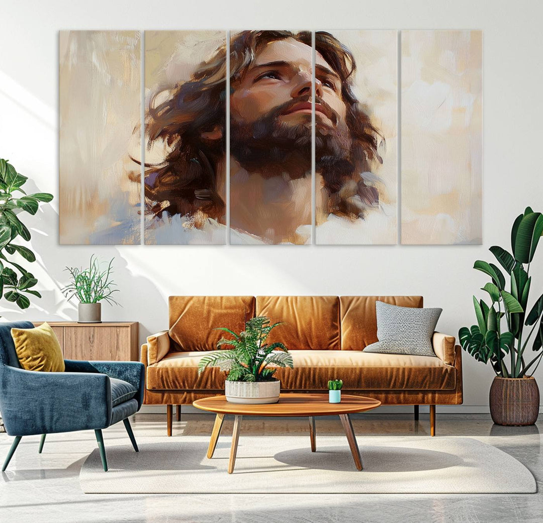 The "Jesus Christ Portrait Wall Art," a ready-to-hang and framed canvas print, features a bearded man with long hair looking upward, creating an inspirational spiritual atmosphere.