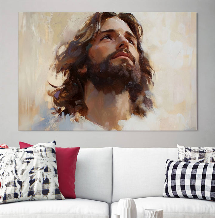 The "Jesus Christ Portrait Wall Art," a ready-to-hang and framed canvas print, features a bearded man with long hair looking upward, creating an inspirational spiritual atmosphere.