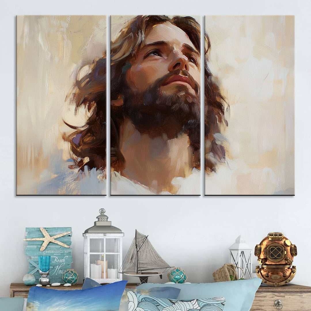 The "Jesus Christ Portrait Wall Art," a ready-to-hang and framed canvas print, features a bearded man with long hair looking upward, creating an inspirational spiritual atmosphere.