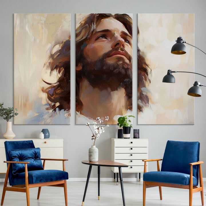 The "Jesus Christ Portrait Wall Art," a ready-to-hang and framed canvas print, features a bearded man with long hair looking upward, creating an inspirational spiritual atmosphere.