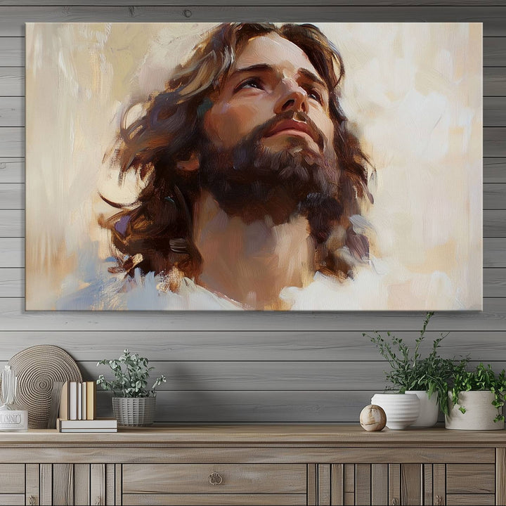 The "Jesus Christ Portrait Wall Art," a ready-to-hang and framed canvas print, features a bearded man with long hair looking upward, creating an inspirational spiritual atmosphere.