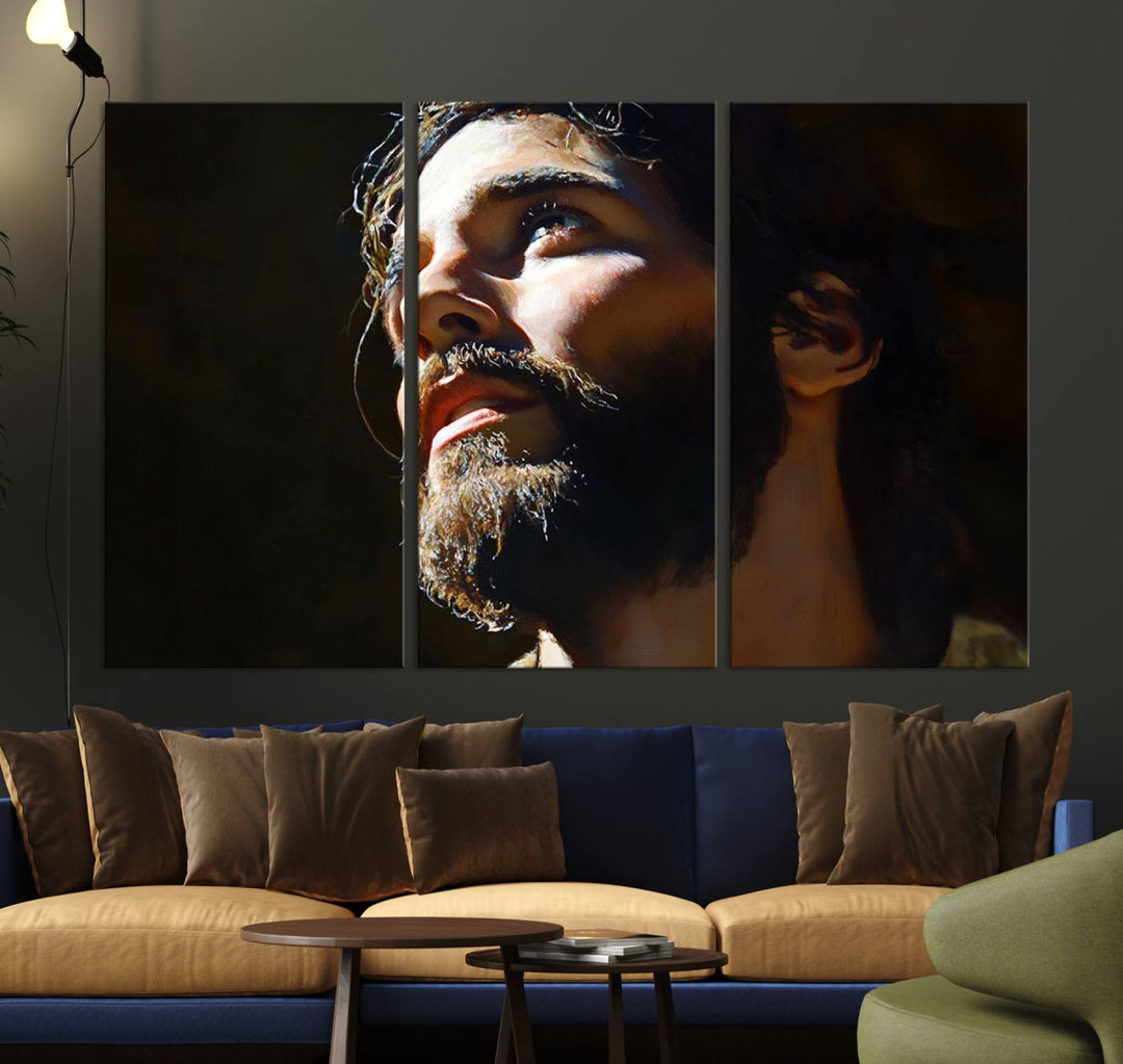 The Jesus Portrait Wall Art Canvas Print features a thoughtful depiction of Jesus Christ in an oil painting style, adding an inspirational religious touch to the decor.