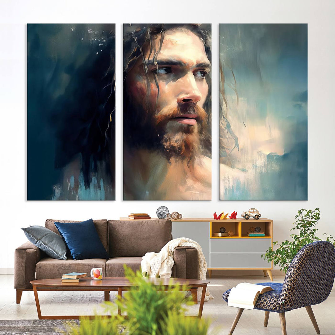 The Jesus Portrait Wall Art Canvas Print, featuring a depiction of a man with long hair and a beard, is showcased on a wooden wall. This Christian Wall Art is rendered on museum-quality canvas, highlighting the mastery of high-resolution printing in an oil painting style.