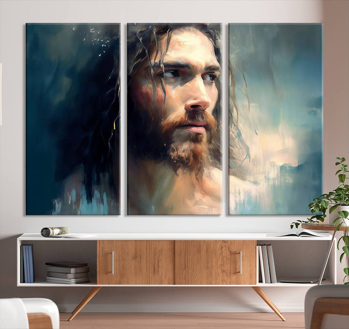 The Jesus Portrait Wall Art Canvas Print, featuring a depiction of a man with long hair and a beard, is showcased on a wooden wall. This Christian Wall Art is rendered on museum-quality canvas, highlighting the mastery of high-resolution printing in an oil painting style.