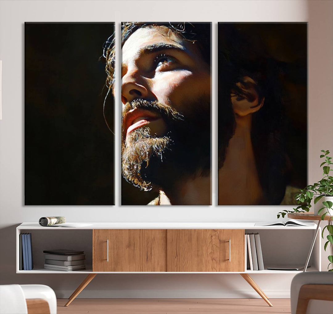 The Jesus Portrait Wall Art Canvas Print features a thoughtful depiction of Jesus Christ in an oil painting style, adding an inspirational religious touch to the decor.