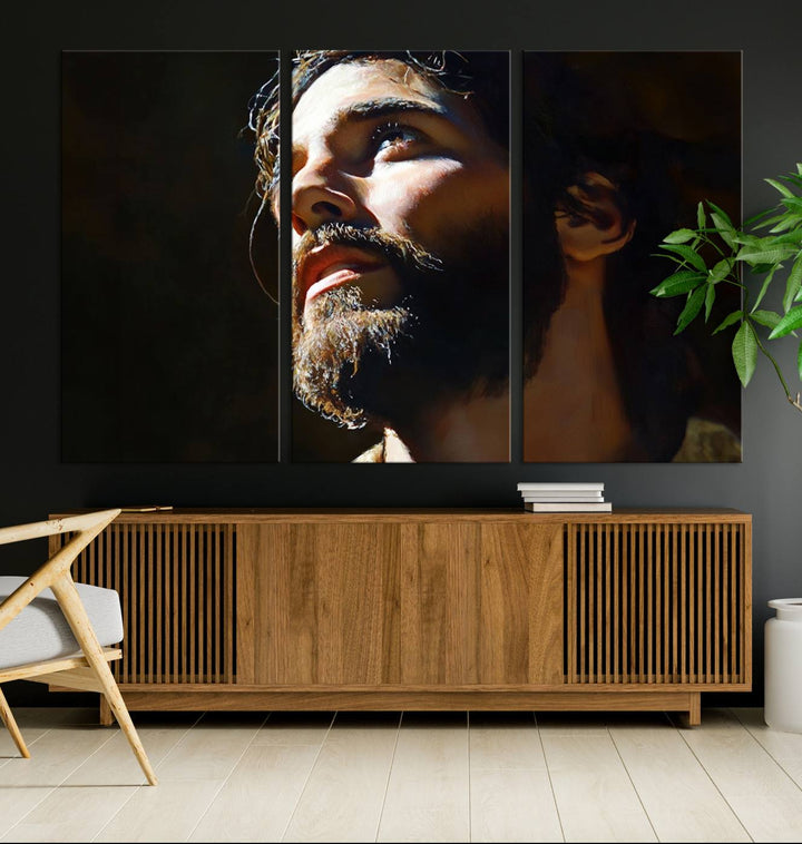 The Jesus Portrait Wall Art Canvas Print features a thoughtful depiction of Jesus Christ in an oil painting style, adding an inspirational religious touch to the decor.