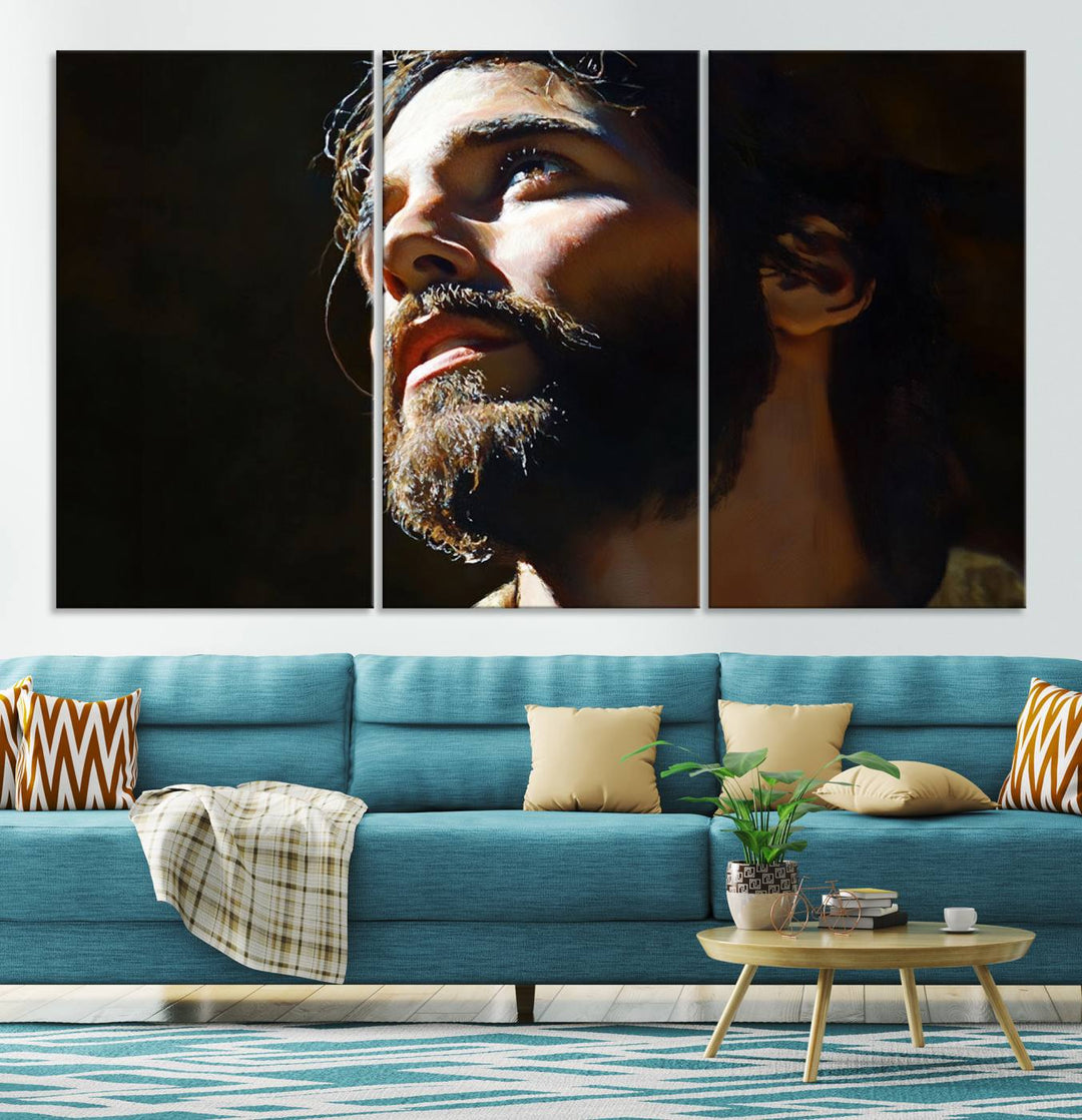 The Jesus Portrait Wall Art Canvas Print features a thoughtful depiction of Jesus Christ in an oil painting style, adding an inspirational religious touch to the decor.