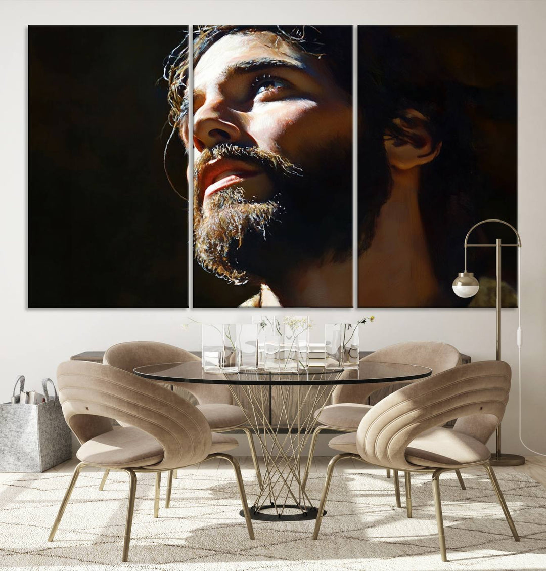 The Jesus Portrait Wall Art Canvas Print features a thoughtful depiction of Jesus Christ in an oil painting style, adding an inspirational religious touch to the decor.