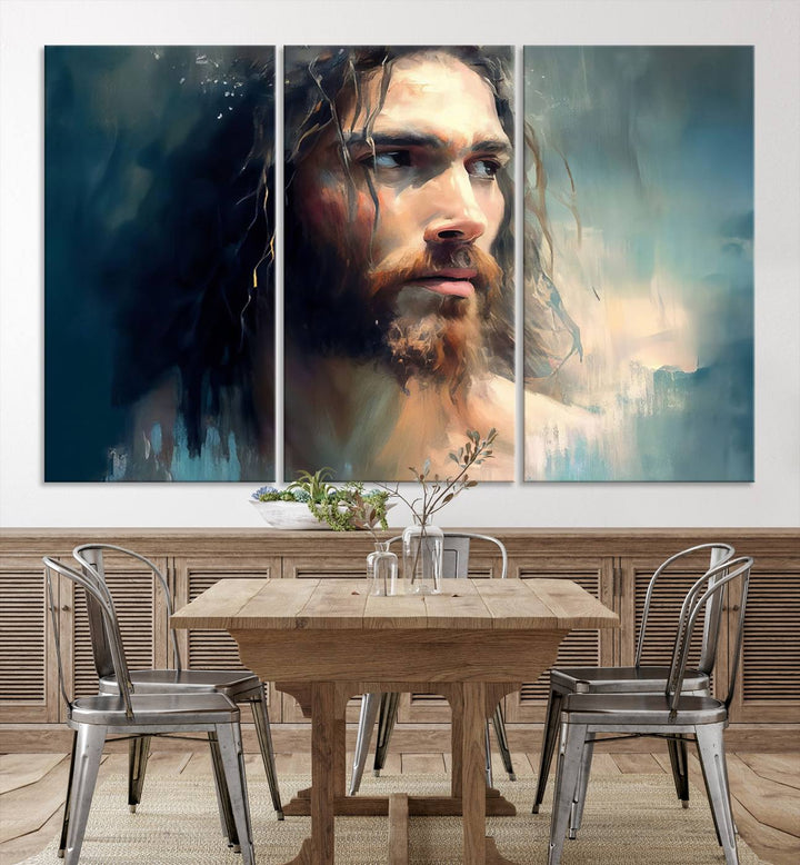 The Jesus Portrait Wall Art Canvas Print, featuring a depiction of a man with long hair and a beard, is showcased on a wooden wall. This Christian Wall Art is rendered on museum-quality canvas, highlighting the mastery of high-resolution printing in an oil painting style.