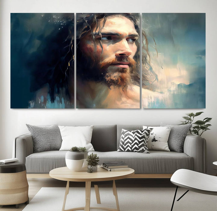 The Jesus Portrait Wall Art Canvas Print, featuring a depiction of a man with long hair and a beard, is showcased on a wooden wall. This Christian Wall Art is rendered on museum-quality canvas, highlighting the mastery of high-resolution printing in an oil painting style.