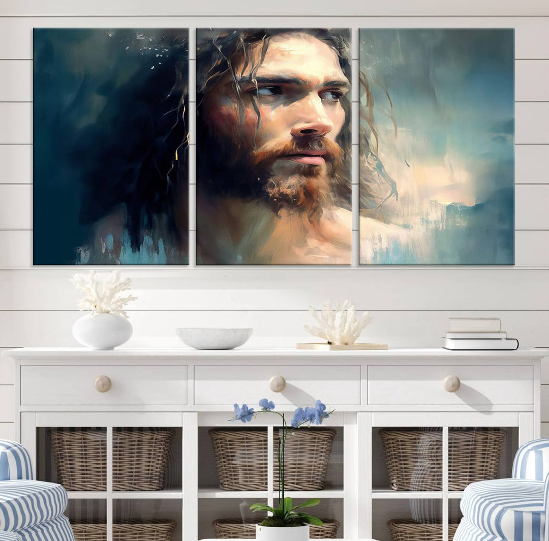 The Jesus Portrait Wall Art Canvas Print, featuring a depiction of a man with long hair and a beard, is showcased on a wooden wall. This Christian Wall Art is rendered on museum-quality canvas, highlighting the mastery of high-resolution printing in an oil painting style.