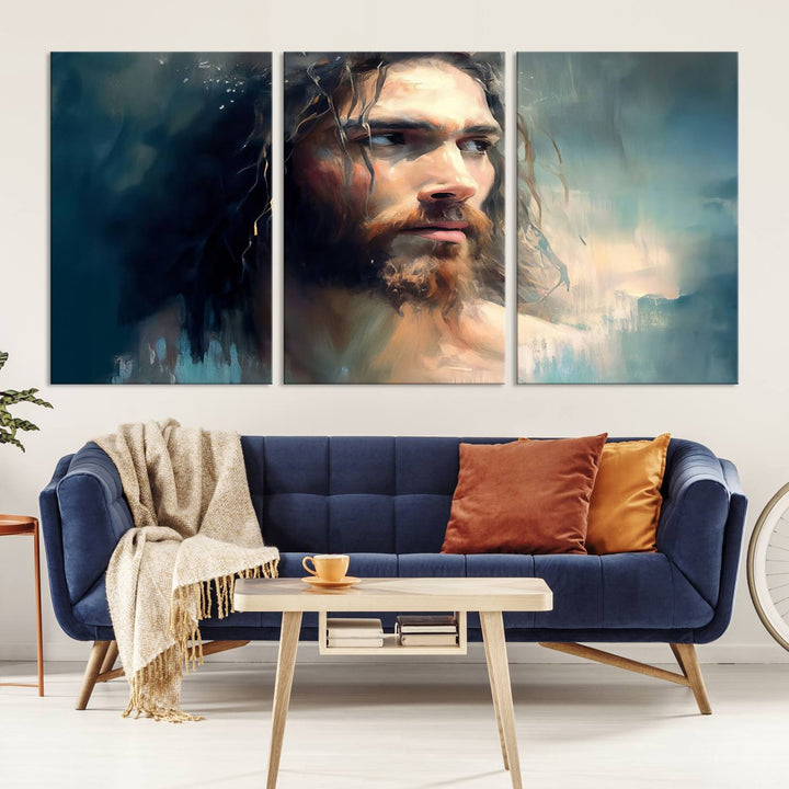 The Jesus Portrait Wall Art Canvas Print, featuring a depiction of a man with long hair and a beard, is showcased on a wooden wall. This Christian Wall Art is rendered on museum-quality canvas, highlighting the mastery of high-resolution printing in an oil painting style.