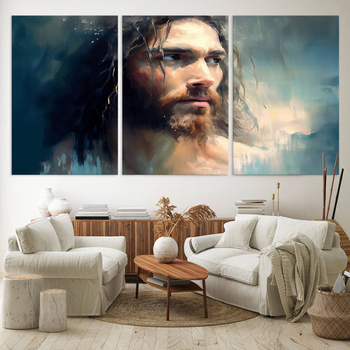 The Jesus Portrait Wall Art Canvas Print, featuring a depiction of a man with long hair and a beard, is showcased on a wooden wall. This Christian Wall Art is rendered on museum-quality canvas, highlighting the mastery of high-resolution printing in an oil painting style.