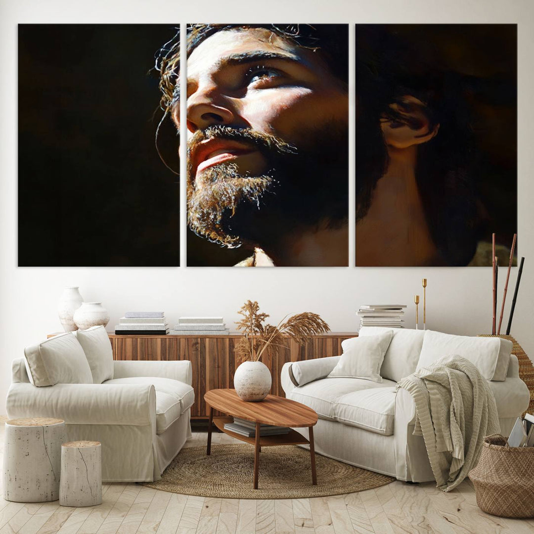 The Jesus Portrait Wall Art Canvas Print features a thoughtful depiction of Jesus Christ in an oil painting style, adding an inspirational religious touch to the decor.