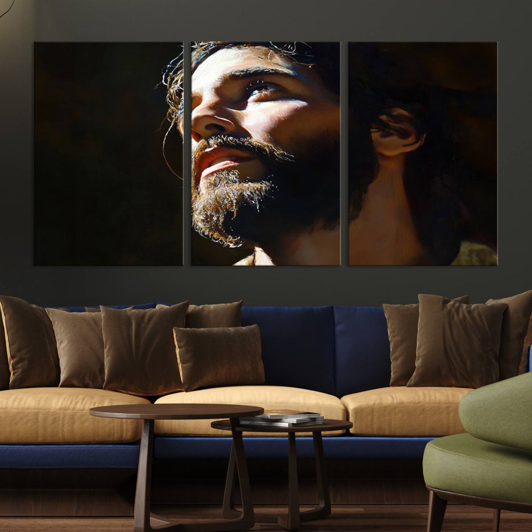 The Jesus Portrait Wall Art Canvas Print features a thoughtful depiction of Jesus Christ in an oil painting style, adding an inspirational religious touch to the decor.