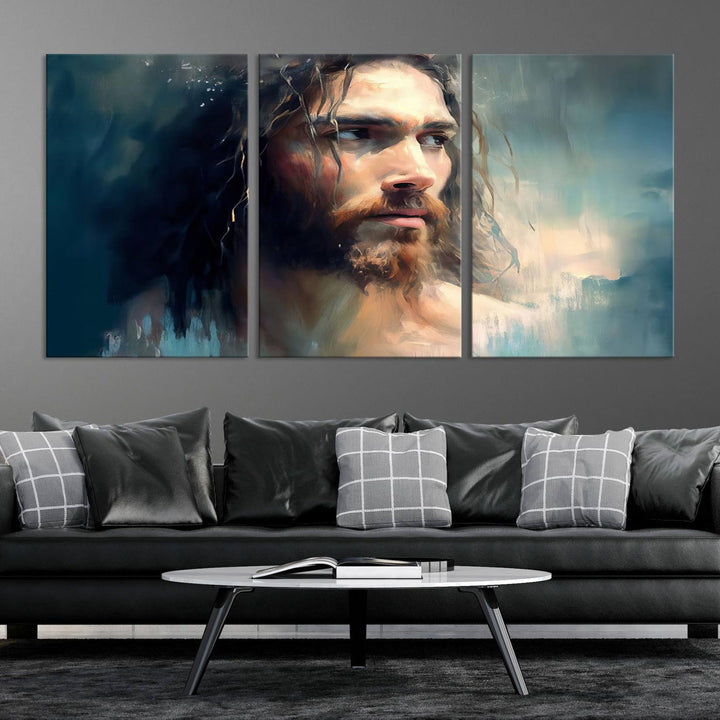 The Jesus Portrait Wall Art Canvas Print, featuring a depiction of a man with long hair and a beard, is showcased on a wooden wall. This Christian Wall Art is rendered on museum-quality canvas, highlighting the mastery of high-resolution printing in an oil painting style.