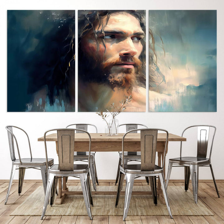 The Jesus Portrait Wall Art Canvas Print, featuring a depiction of a man with long hair and a beard, is showcased on a wooden wall. This Christian Wall Art is rendered on museum-quality canvas, highlighting the mastery of high-resolution printing in an oil painting style.