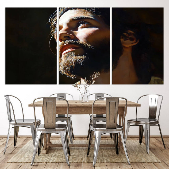 The Jesus Portrait Wall Art Canvas Print features a thoughtful depiction of Jesus Christ in an oil painting style, adding an inspirational religious touch to the decor.