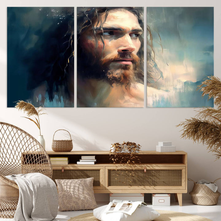 The Jesus Portrait Wall Art Canvas Print, featuring a depiction of a man with long hair and a beard, is showcased on a wooden wall. This Christian Wall Art is rendered on museum-quality canvas, highlighting the mastery of high-resolution printing in an oil painting style.