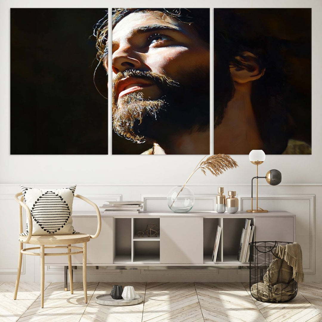 The Jesus Portrait Wall Art Canvas Print features a thoughtful depiction of Jesus Christ in an oil painting style, adding an inspirational religious touch to the decor.