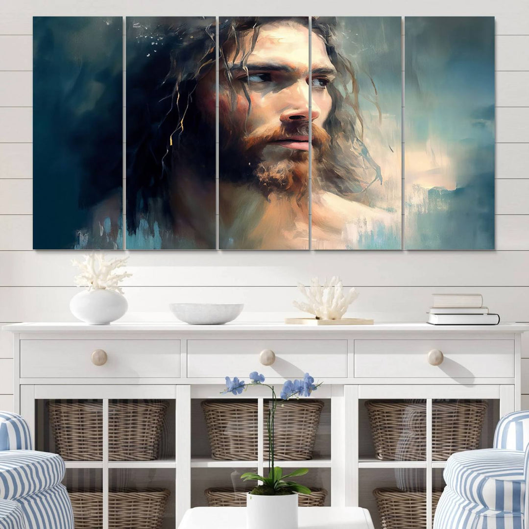 The Jesus Portrait Wall Art Canvas Print, featuring a depiction of a man with long hair and a beard, is showcased on a wooden wall. This Christian Wall Art is rendered on museum-quality canvas, highlighting the mastery of high-resolution printing in an oil painting style.