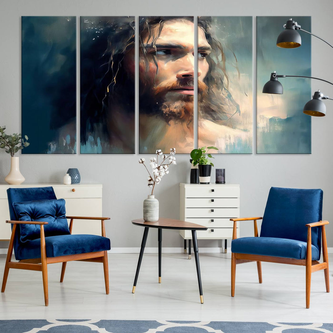 The Jesus Portrait Wall Art Canvas Print, featuring a depiction of a man with long hair and a beard, is showcased on a wooden wall. This Christian Wall Art is rendered on museum-quality canvas, highlighting the mastery of high-resolution printing in an oil painting style.