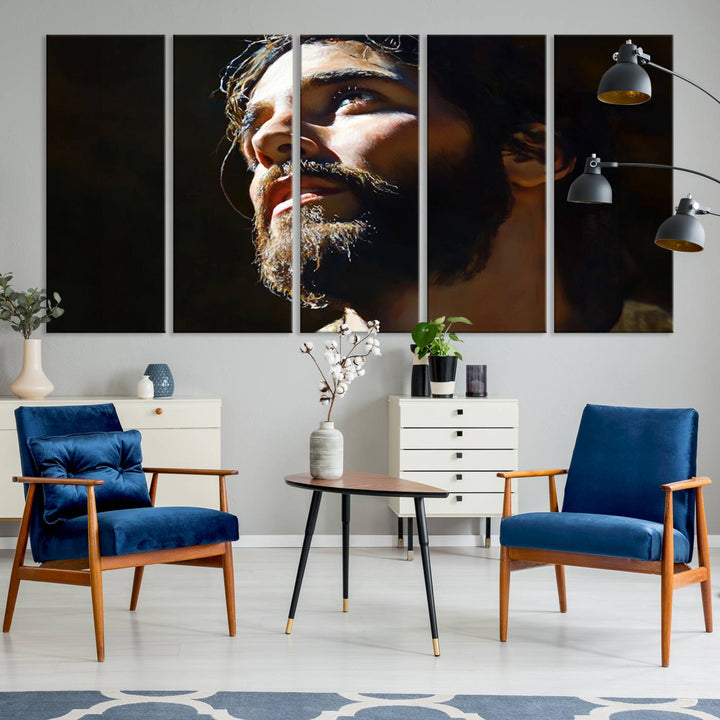 The Jesus Portrait Wall Art Canvas Print features a thoughtful depiction of Jesus Christ in an oil painting style, adding an inspirational religious touch to the decor.