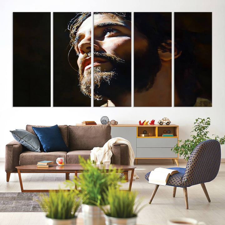 The Jesus Portrait Wall Art Canvas Print features a thoughtful depiction of Jesus Christ in an oil painting style, adding an inspirational religious touch to the decor.