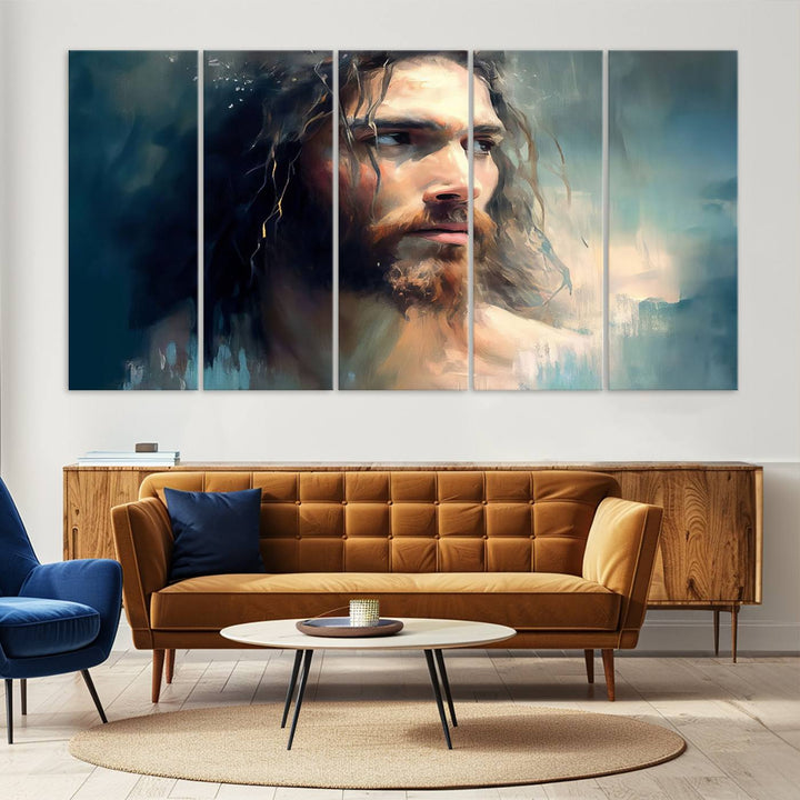 The Jesus Portrait Wall Art Canvas Print, featuring a depiction of a man with long hair and a beard, is showcased on a wooden wall. This Christian Wall Art is rendered on museum-quality canvas, highlighting the mastery of high-resolution printing in an oil painting style.