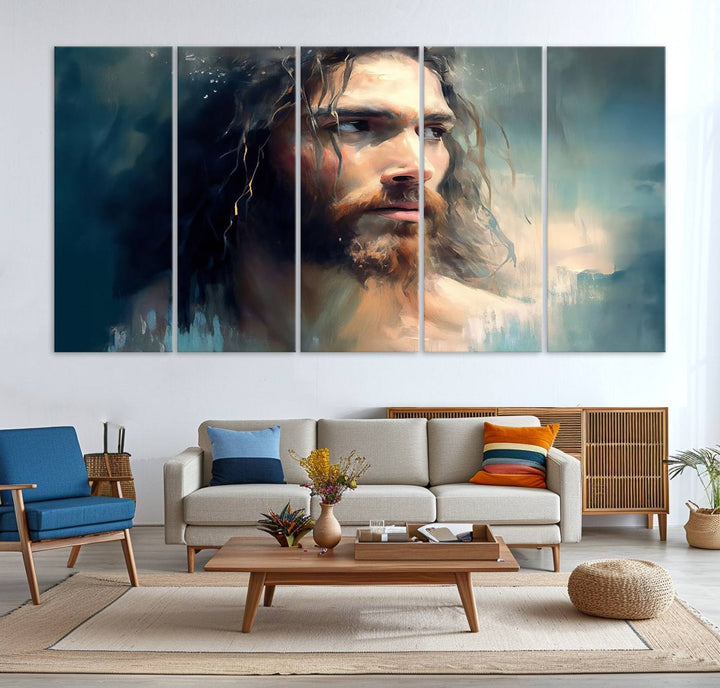 The Jesus Portrait Wall Art Canvas Print, featuring a depiction of a man with long hair and a beard, is showcased on a wooden wall. This Christian Wall Art is rendered on museum-quality canvas, highlighting the mastery of high-resolution printing in an oil painting style.