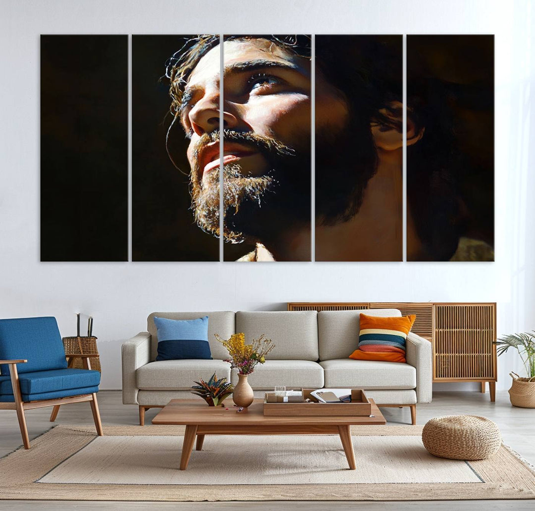 The Jesus Portrait Wall Art Canvas Print features a thoughtful depiction of Jesus Christ in an oil painting style, adding an inspirational religious touch to the decor.