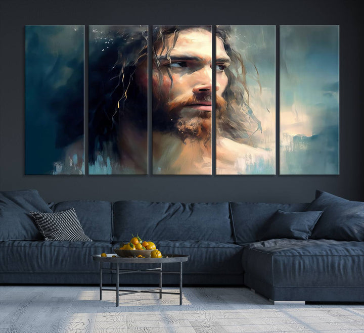 The Jesus Portrait Wall Art Canvas Print, featuring a depiction of a man with long hair and a beard, is showcased on a wooden wall. This Christian Wall Art is rendered on museum-quality canvas, highlighting the mastery of high-resolution printing in an oil painting style.