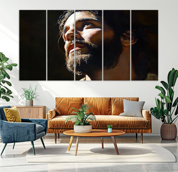 The Jesus Portrait Wall Art Canvas Print features a thoughtful depiction of Jesus Christ in an oil painting style, adding an inspirational religious touch to the decor.