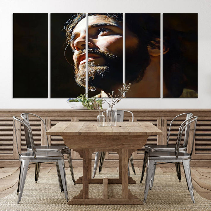 The Jesus Portrait Wall Art Canvas Print features a thoughtful depiction of Jesus Christ in an oil painting style, adding an inspirational religious touch to the decor.