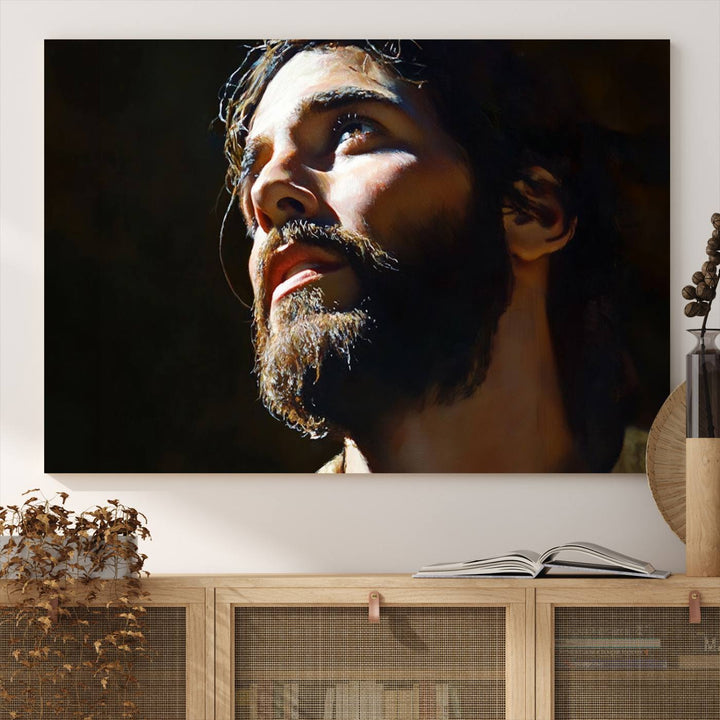 The Jesus Portrait Wall Art Canvas Print features a thoughtful depiction of Jesus Christ in an oil painting style, adding an inspirational religious touch to the decor.