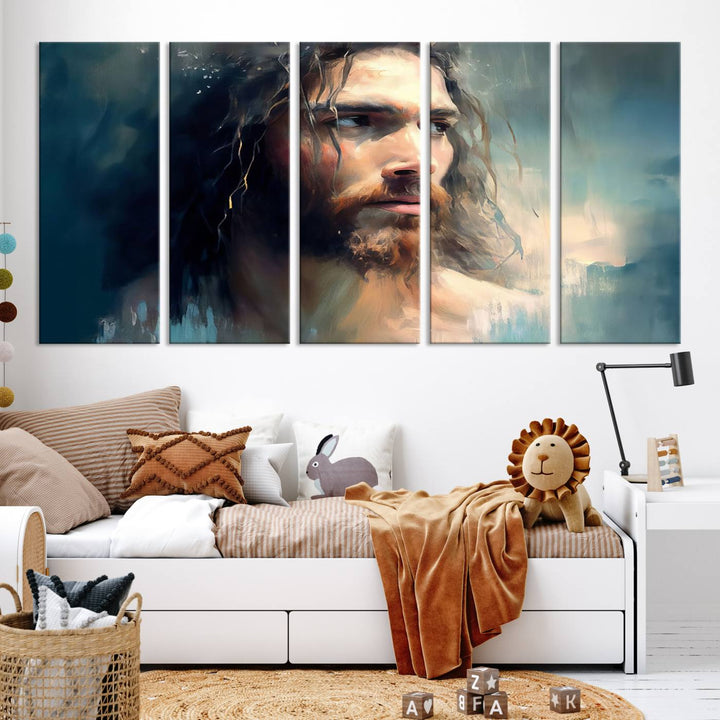 The Jesus Portrait Wall Art Canvas Print, featuring a depiction of a man with long hair and a beard, is showcased on a wooden wall. This Christian Wall Art is rendered on museum-quality canvas, highlighting the mastery of high-resolution printing in an oil painting style.