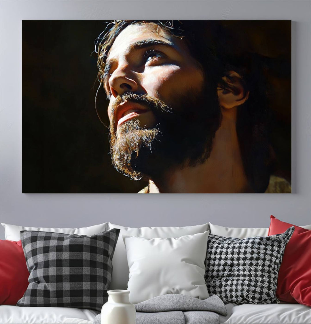 The Jesus Portrait Wall Art Canvas Print features a thoughtful depiction of Jesus Christ in an oil painting style, adding an inspirational religious touch to the decor.