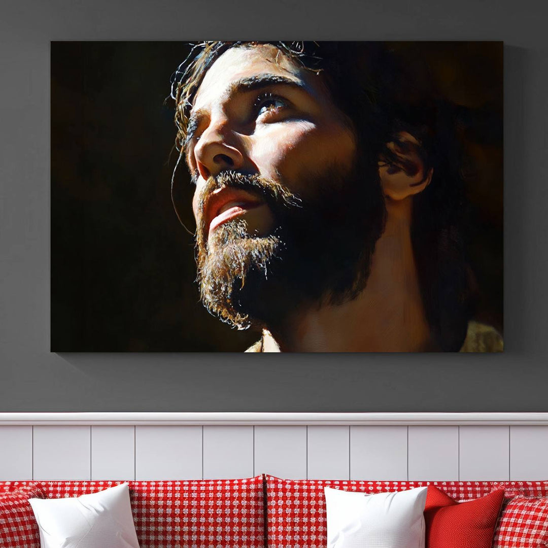 The Jesus Portrait Wall Art Canvas Print features a thoughtful depiction of Jesus Christ in an oil painting style, adding an inspirational religious touch to the decor.