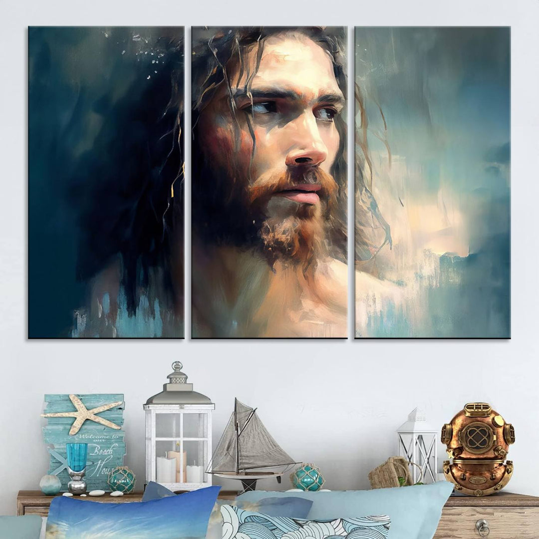 The Jesus Portrait Wall Art Canvas Print, featuring a depiction of a man with long hair and a beard, is showcased on a wooden wall. This Christian Wall Art is rendered on museum-quality canvas, highlighting the mastery of high-resolution printing in an oil painting style.