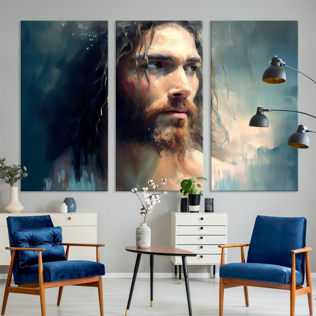 The Jesus Portrait Wall Art Canvas Print, featuring a depiction of a man with long hair and a beard, is showcased on a wooden wall. This Christian Wall Art is rendered on museum-quality canvas, highlighting the mastery of high-resolution printing in an oil painting style.