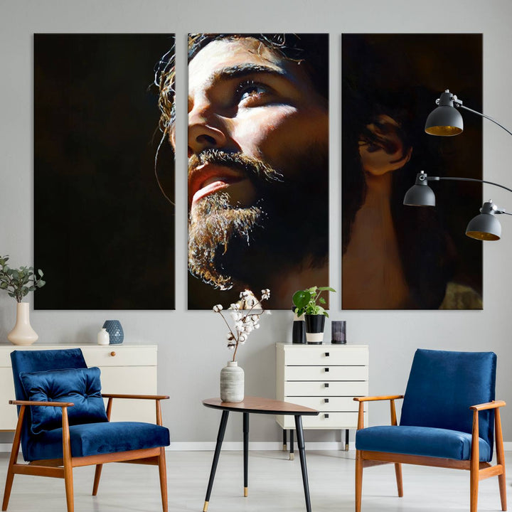 The Jesus Portrait Wall Art Canvas Print features a thoughtful depiction of Jesus Christ in an oil painting style, adding an inspirational religious touch to the decor.