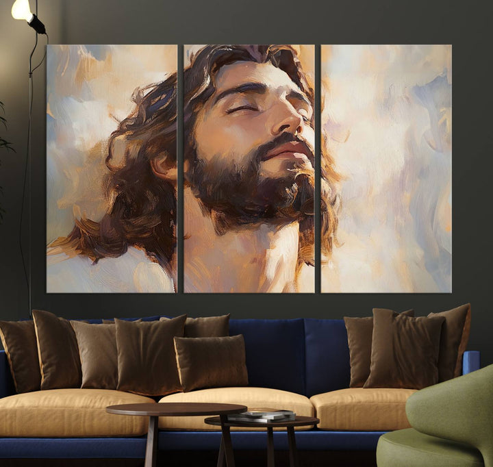 This museum-quality canvas print, titled "Jesus Portrait," features an oil painting style depiction of Jesus Christ with a closed-eyed expression. The high-resolution printing captures every detail beautifully.