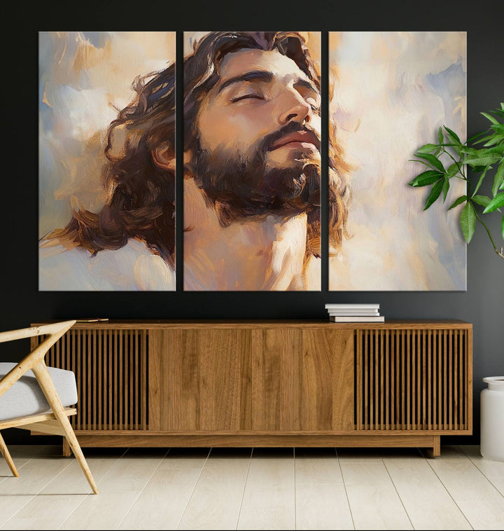 This museum-quality canvas print, titled "Jesus Portrait," features an oil painting style depiction of Jesus Christ with a closed-eyed expression. The high-resolution printing captures every detail beautifully.