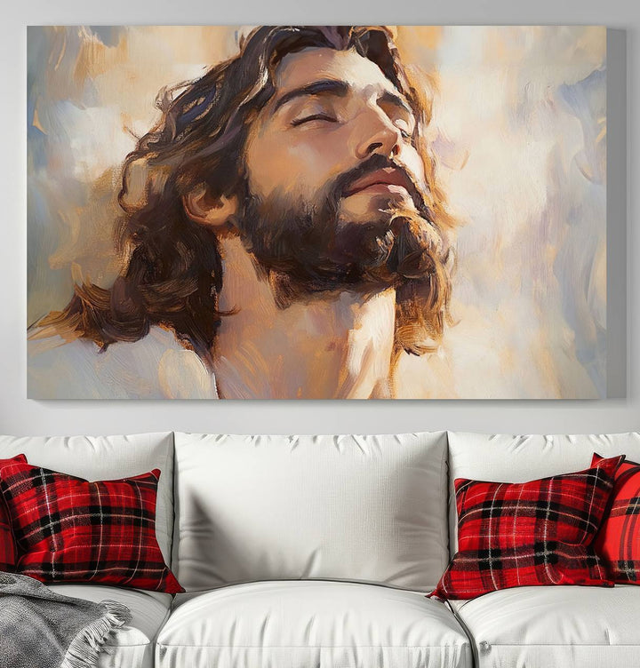 This museum-quality canvas print, titled "Jesus Portrait," features an oil painting style depiction of Jesus Christ with a closed-eyed expression. The high-resolution printing captures every detail beautifully.