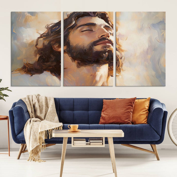 This museum-quality canvas print, titled "Jesus Portrait," features an oil painting style depiction of Jesus Christ with a closed-eyed expression. The high-resolution printing captures every detail beautifully.